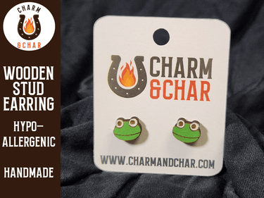 Frog Wood Stud Earrings - Animal Fashion Earring - Stud Earring - Charm and Char